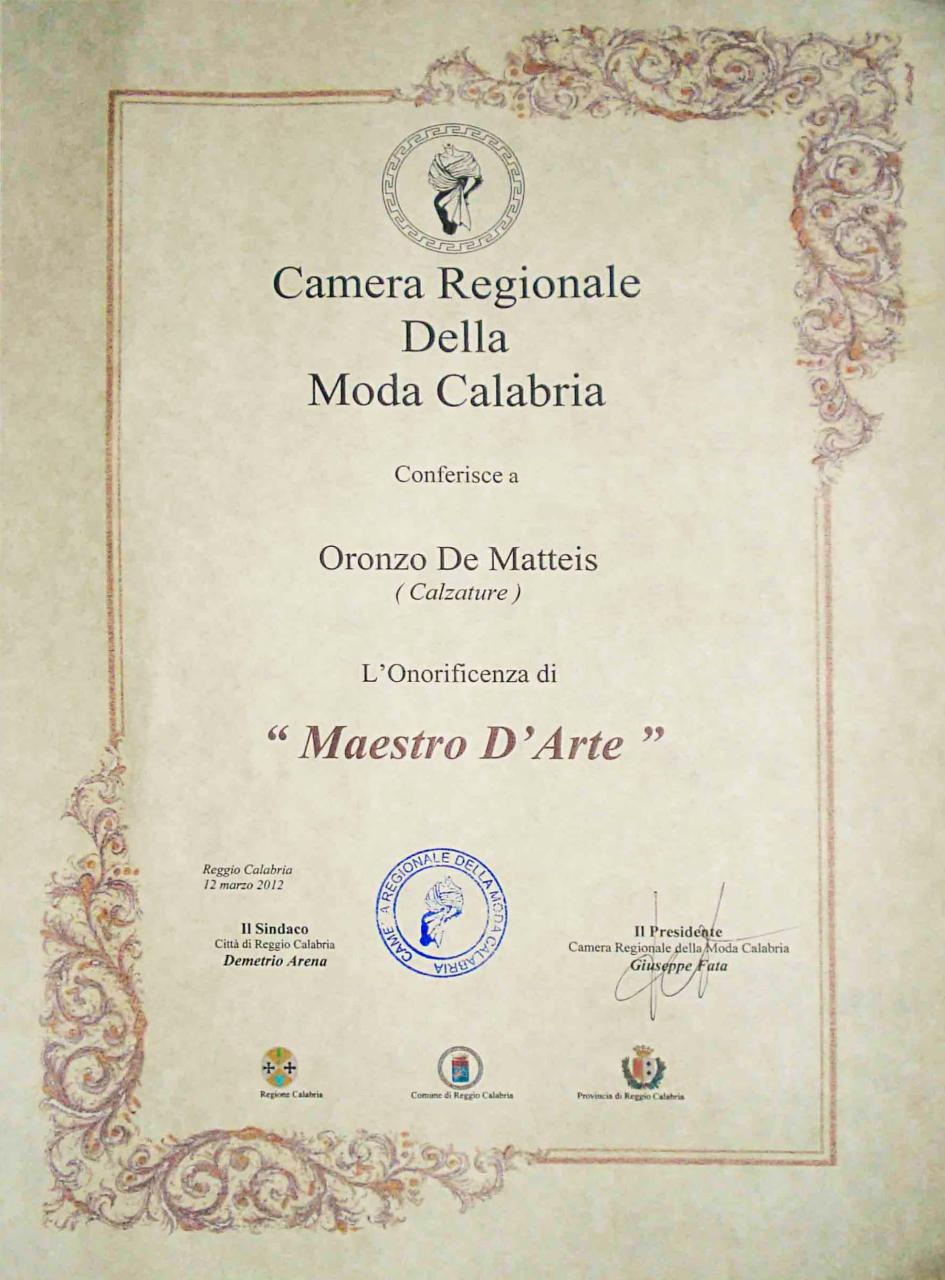 Oronzo De Matteis® Maestro d'Arte: il riconoscimento della Camera della Moda Calabria
