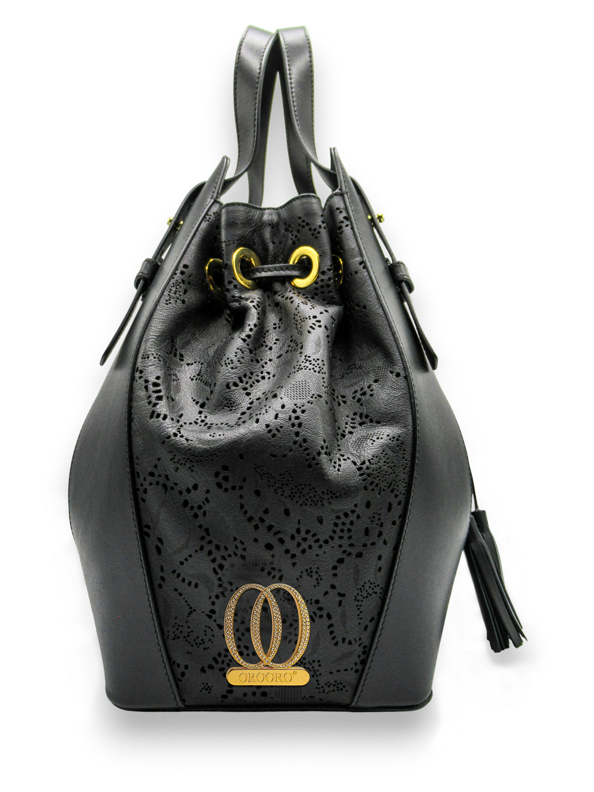 Borsa Eden in pelle con trafori laserati e logo di brillanti swarovski