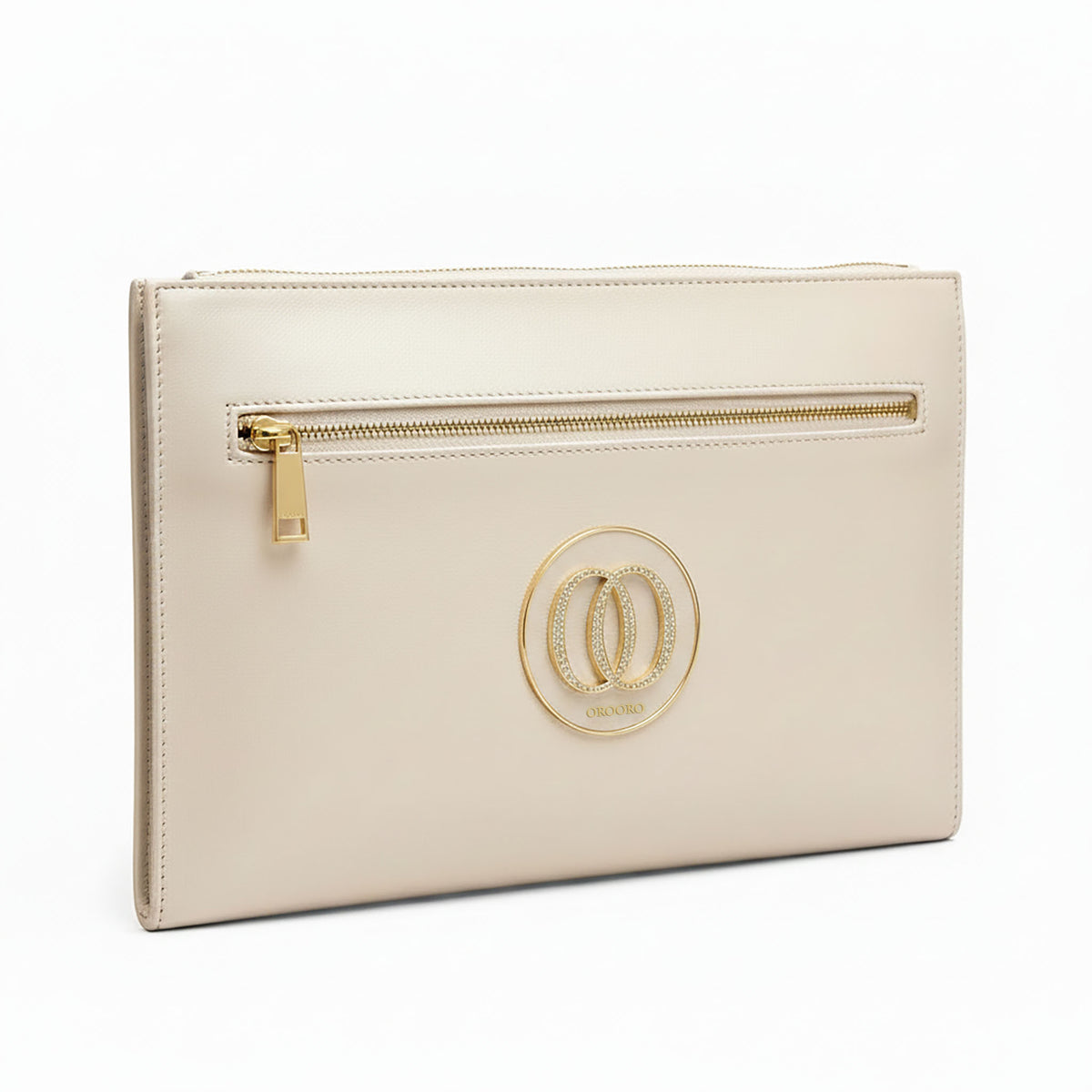 Borsello OROORO® in pelle nappa Oyster con logo gold e zip dorata
