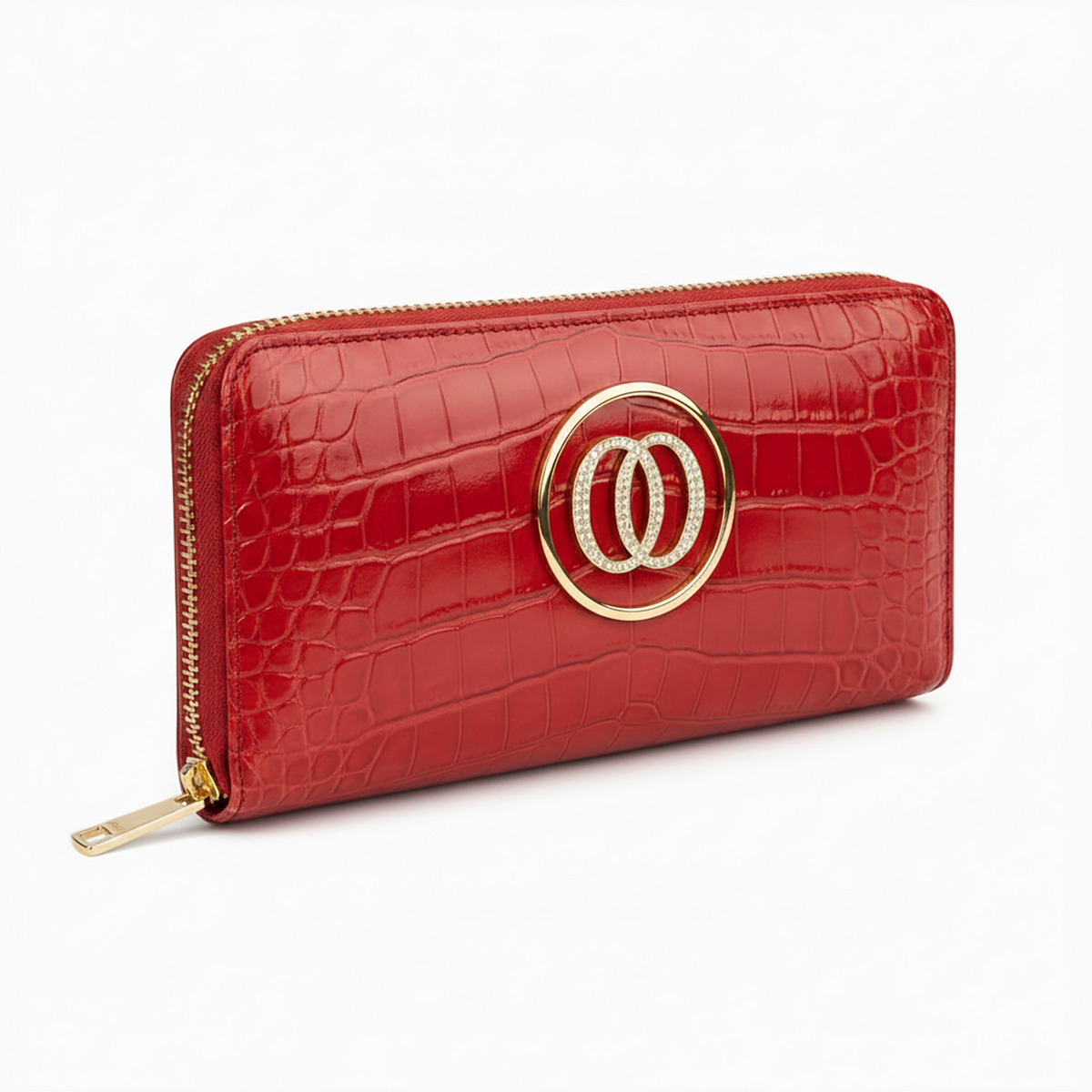 Portafoglio Zip Around OROORO® Cherry Red in pelle coccodrillo con logo OO gold