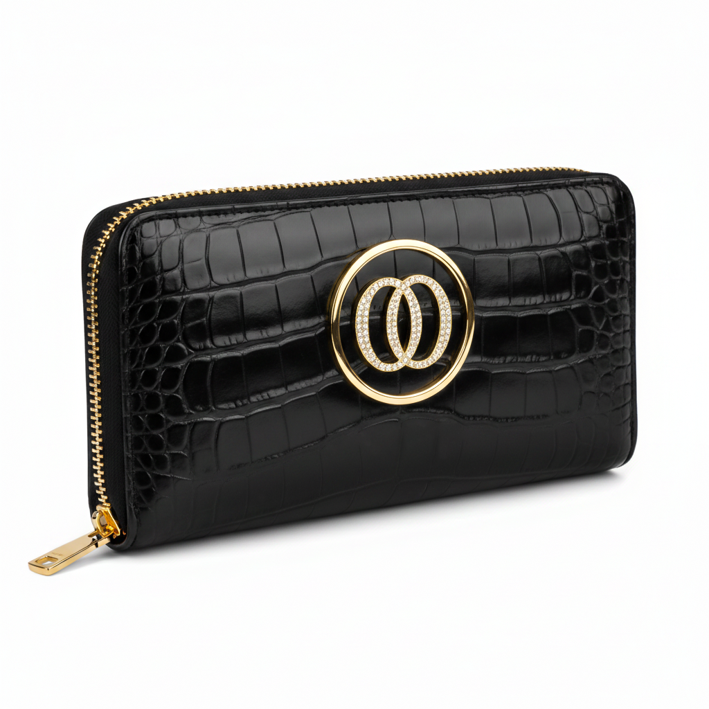 Portafoglio Zip Around OROORO® Nero effetto coccodrillo